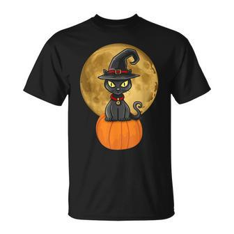 Halloween Black Cat On Pumpkin Full Moon Pet Men Women Kids Unisex T-Shirt - Seseable