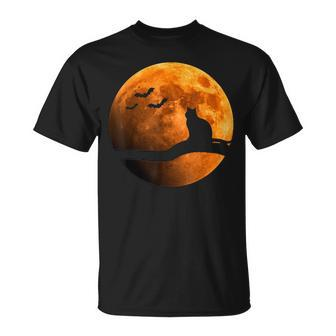 Halloween Black Cat Orange Full Moon And Bats Unisex T-Shirt - Seseable