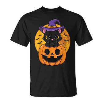 Halloween Black Cat Witch Hat Pumpkin For Kids Girls Unisex T-Shirt - Seseable