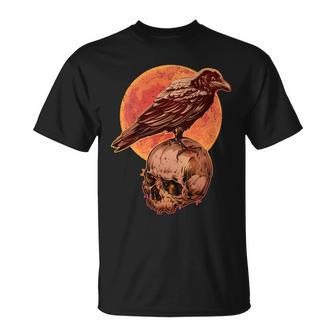 Halloween Cool Raven Crow Skull And Moon Unisex T-Shirt - Monsterry UK