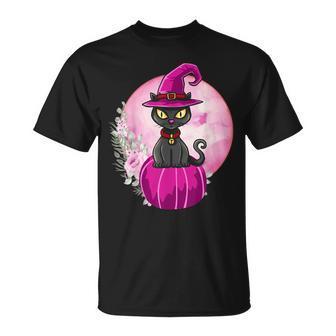 Halloween Cute Black Cat On Pumpkin Full Moon Women Kids Unisex T-Shirt - Seseable