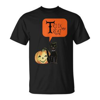 Halloween Trick Or Treat Black Cat And Pumpkin Costume Gift Unisex T-Shirt - Seseable