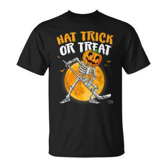 Hat Trick Or Treat Skeleton Pumpkin Ice Hockey Halloween T-shirt - Thegiftio UK