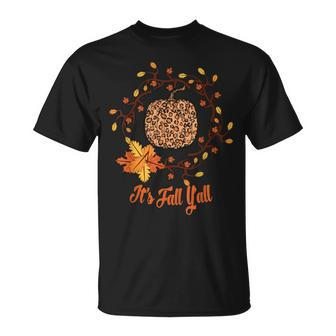Its Fall Yall Leopard Print Pumpkin Thanksgiving Halloween Unisex T-Shirt - Seseable