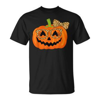 Jack O Lantern Face Pumpkin Halloween Leopard Print Glasses V6 Unisex T-Shirt - Seseable