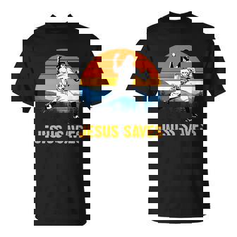 Jesus Saves Retro Baseball Pitcher Unisex T-Shirt - Monsterry