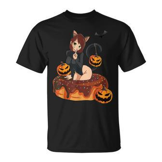 Kawaii Anime Halloween Black Cat | Sexy Anime Girl In Donut Unisex T-Shirt - Seseable