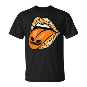 Leopard Lips Mouth Pumpkin Tongue Costume Halloween Women Unisex T-Shirt - Seseable