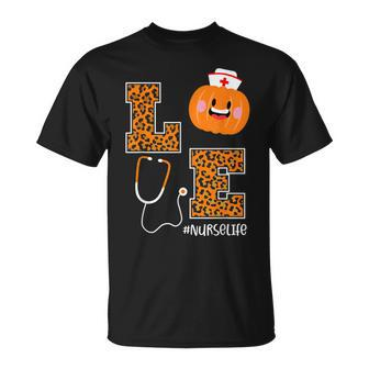 Love Nurse Life Pumpkin Leopard Fall Halloween Nurses Unisex T-Shirt - Seseable