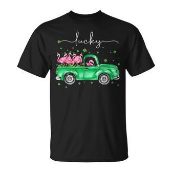 Lucky Flamingo Riding Green Truck Shamrock St Patricks Day T-shirt - Thegiftio UK