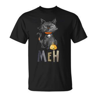 Meh Cat Black Funny For Women Funny Halloween Unisex T-Shirt - Seseable