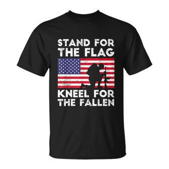 Memorial Day Patriotic Military Veteran American Flag Stand For The Flag Kneel For The Fallen Unisex T-Shirt - Monsterry