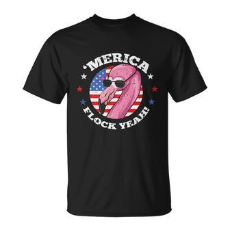 Merica 4Th Of July Flamingo Flock Patriotic American Flag Unisex T-Shirt - Monsterry