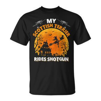 My Scottish Terrier Rides Shotgun Scottish Terrier Halloween Unisex T-Shirt - Seseable