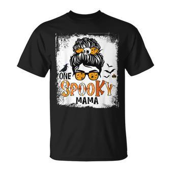 One Spooky Mama For Halloween Messy Bun Mom Monster Bleached V5 Unisex T-Shirt - Seseable