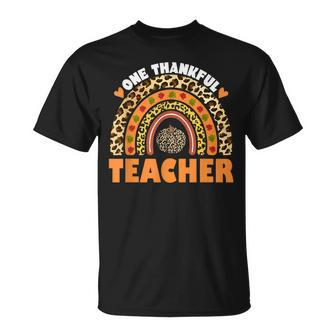 One Thankful Teacher Leopard Rainbow Pumpkin Thanksgiving V2 Unisex T-Shirt - Seseable