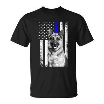 Patriotic German Shepherd Dog American Flag Thin Blue Line Gift Unisex T-Shirt - Monsterry UK
