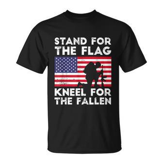 Patriotic Military Veteran American Flag Stand For The Flag Kneel For The Fallen V2 Unisex T-Shirt - Monsterry UK