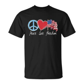 Patriotic Retro Peace Love Freedom Usa Flag 4Th Of July Unisex T-Shirt - Monsterry