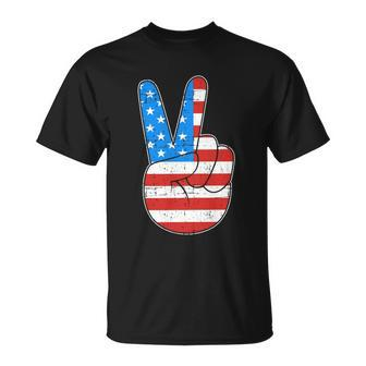 Peace Hand Sign With Usa American Flag For 4Th Of July Funny Gift Unisex T-Shirt - Monsterry