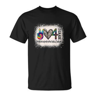 Peace Love 4Th Grade Funny Back To School Bleached Unisex T-Shirt - Monsterry