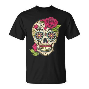 Pink Rose Sugar Skull Dia De Los Muertos Mexican Halloween T-shirt - Thegiftio UK