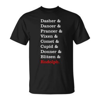 Reindeer Names Funny Christmas List Rudolph Tshirt Unisex T-Shirt - Monsterry UK