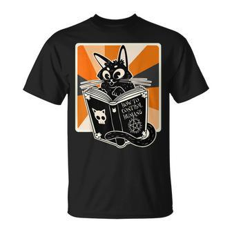 Retro Halloween Black Cat Funny Witch Book Cat Lover Unisex T-Shirt - Seseable