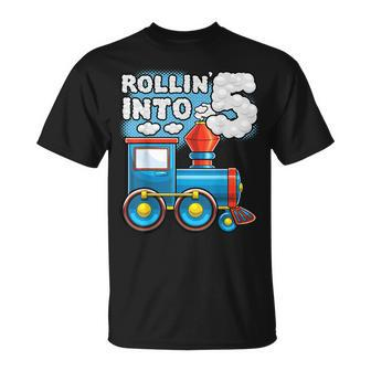Rollin Into 5 Train 5Th Birthday Party Supply Birthday Boy Unisex T-Shirt - Seseable