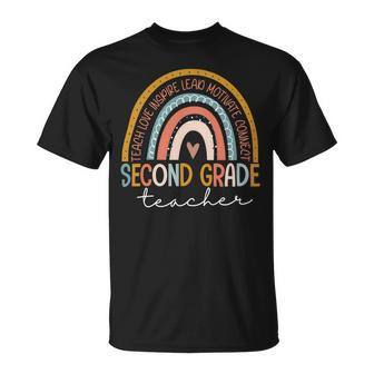 Second Grade Teacher Teach Love Inspire Boho Rainbow Unisex T-Shirt - Seseable