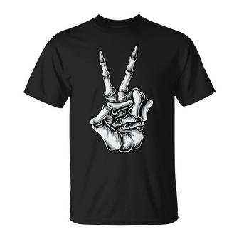Skeleton Hand Peace Sign Halloween Night Party Costume Unisex T-Shirt - Seseable