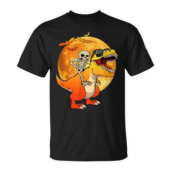 Skeleton Riding Dinosaur Lazy Halloween Bats T-Rex T-shirt - Thegiftio UK