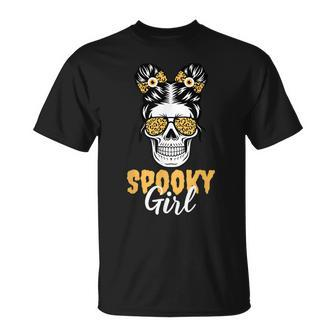 Spooky Halloween Girl Skull Messy Bun Leopard Costume Unisex T-Shirt - Seseable