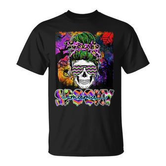Spooky Mama Halloween Costume Witch Skull Messy Bun Leopard Unisex T-Shirt - Seseable
