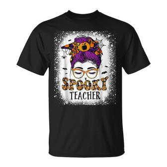 Spooky Teacher School Messy Bun Bleached Halloween Teachers T-shirt - Thegiftio UK