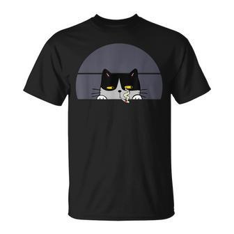Stoned Black Cat Smoking And Peeking Sideways With Cannabis Unisex T-Shirt - Seseable
