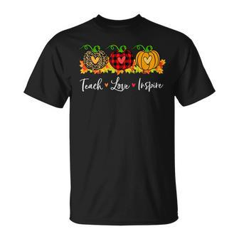Teach Love Inspire Teacher Autumn Fall Pumpkin Leopard Plaid V3 Unisex T-Shirt - Seseable