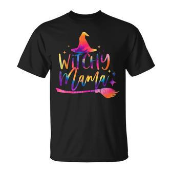 Tie Dye Witchy Mama Witch Hat Broom Spooky Mama Halloween Unisex T-Shirt - Seseable