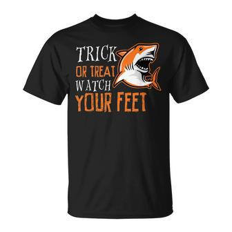 Trick Or Treat Shark Watch Your Feet Halloween Unisex T-Shirt - Seseable