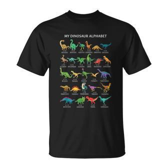 Types Of Dinosaurs Alphabet Agiftz Abc Dinosaurs Identification Cool T-shirt - Thegiftio UK