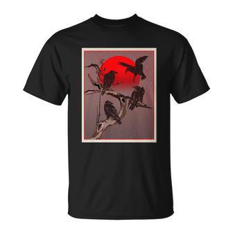 Vintage Japanese Raven Crow Red Moon Unisex T-Shirt - Monsterry AU