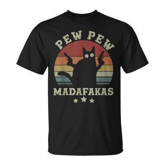 Vintage Pew Pew Madafakas Funny Crazy Black Cat Halloween Unisex T-Shirt - Seseable