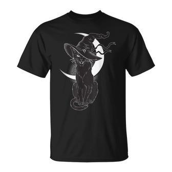 Vintage Scary Halloween Black Cat Costume Witch Hat & Moon V3 Men Women T-shirt Graphic Print Casual Unisex Tee - Thegiftio UK