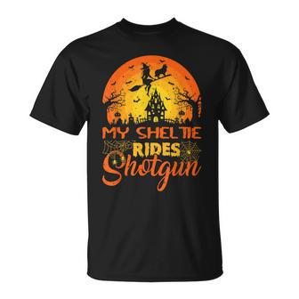 Vintage Witch My Sheltie Rides Shotgun Halloween Unisex T-Shirt - Seseable