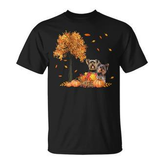 Yorkies Autumn Leaf Fall Dog Lover Thanksgiving Halloween Unisex T-Shirt - Seseable