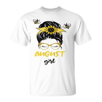 August Girl Birthday Cute Messy Bun Bees T-shirt - Thegiftio UK