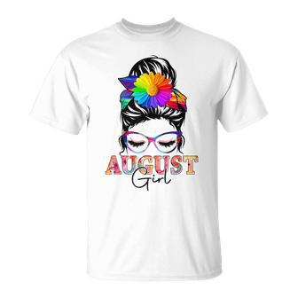 August Girl Birthday Messy Bun Colorful Floral T-shirt - Thegiftio UK
