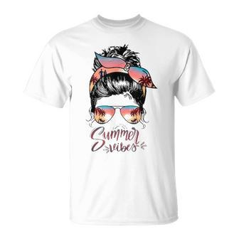 Beach Vibes Messy Bun Sunglasses Summer Lover T-shirt - Thegiftio UK