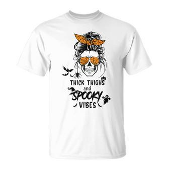 Bleached Thick Thighs And Spooky Vibes Messy Bun Skull Witch T-shirt - Thegiftio UK