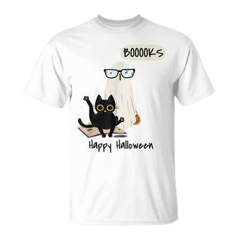 Book Lover Halloween Boooks Ghost Boo And Black Cat Cute Unisex T-Shirt - Seseable